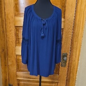 St. John's Bay Blue Boho  3/4 Sleeve Blouse with Lace Detail 1X